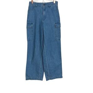 Uniqlo Denim Cotton Relaxed Fit Straight Leg Cargo Jeans Blue Size XS